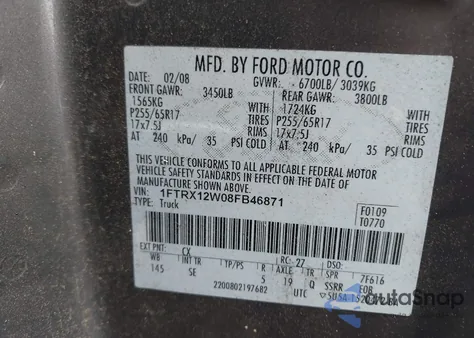 2008 Ford F-150 Fx2/Stx/Xl/Xlt из США, поврежденный, VIN 1FTRX12W08FB46871